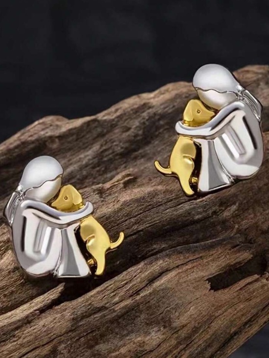 Silver and Gold Hugging Dog Stud Earrings - Picture 2 of 5